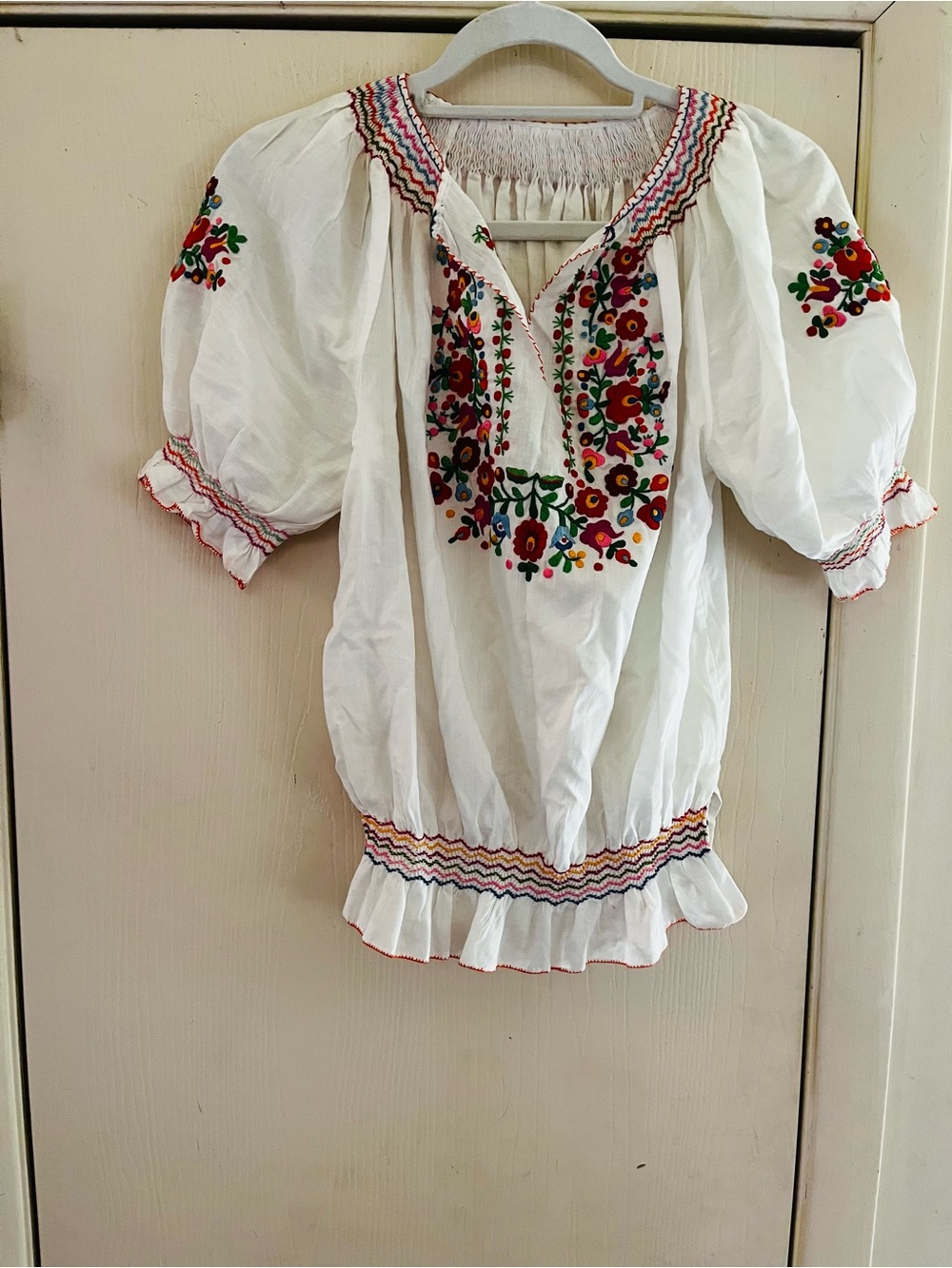 Vtg 60s Hungarian Kalocsa Embroidered Blouse Folk Boho Puff Sleeve Cottagecore